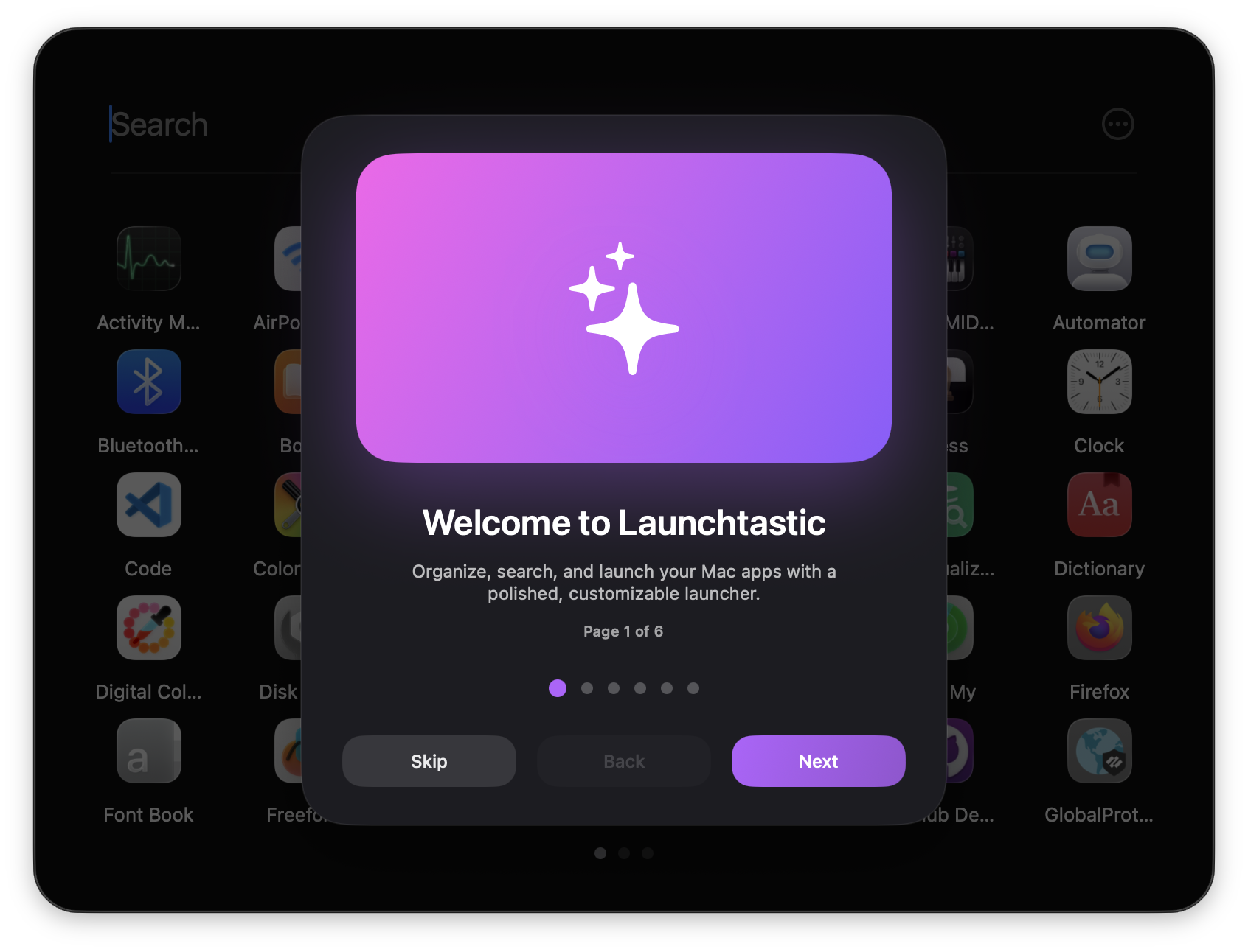Onboarding welcome screen introducing Launchtastic