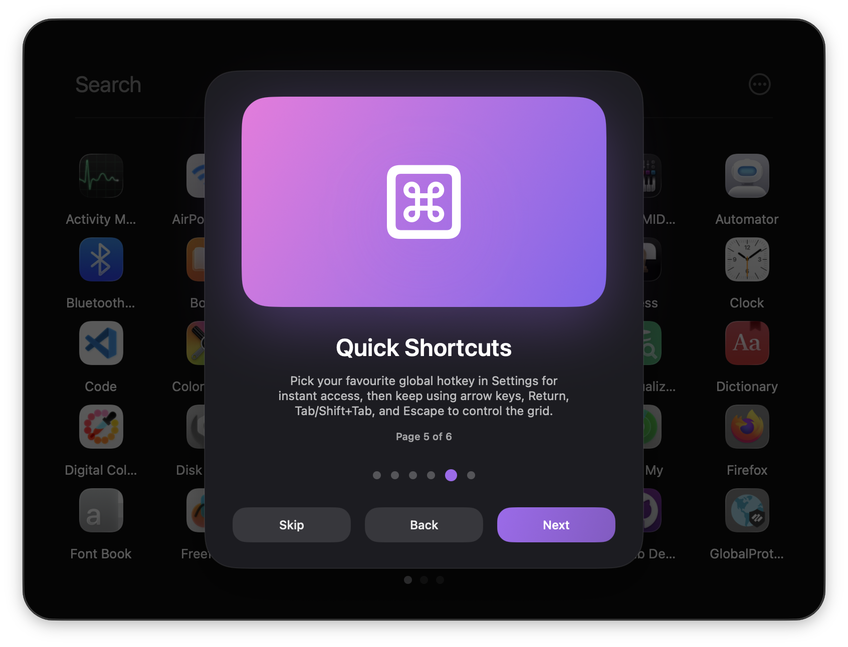 Onboarding slide covering keyboard shortcuts