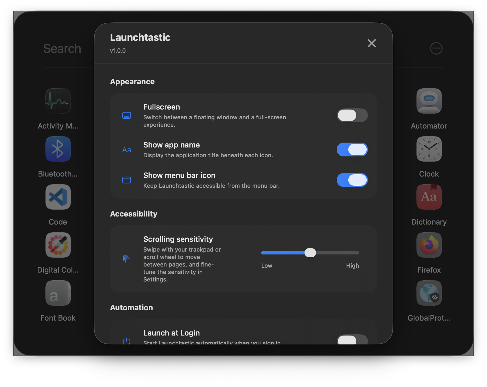 Launchtastic settings window showing Appearance options